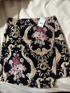 Versona Black Mini Skirt with Gold and Pink Floral Embroidery